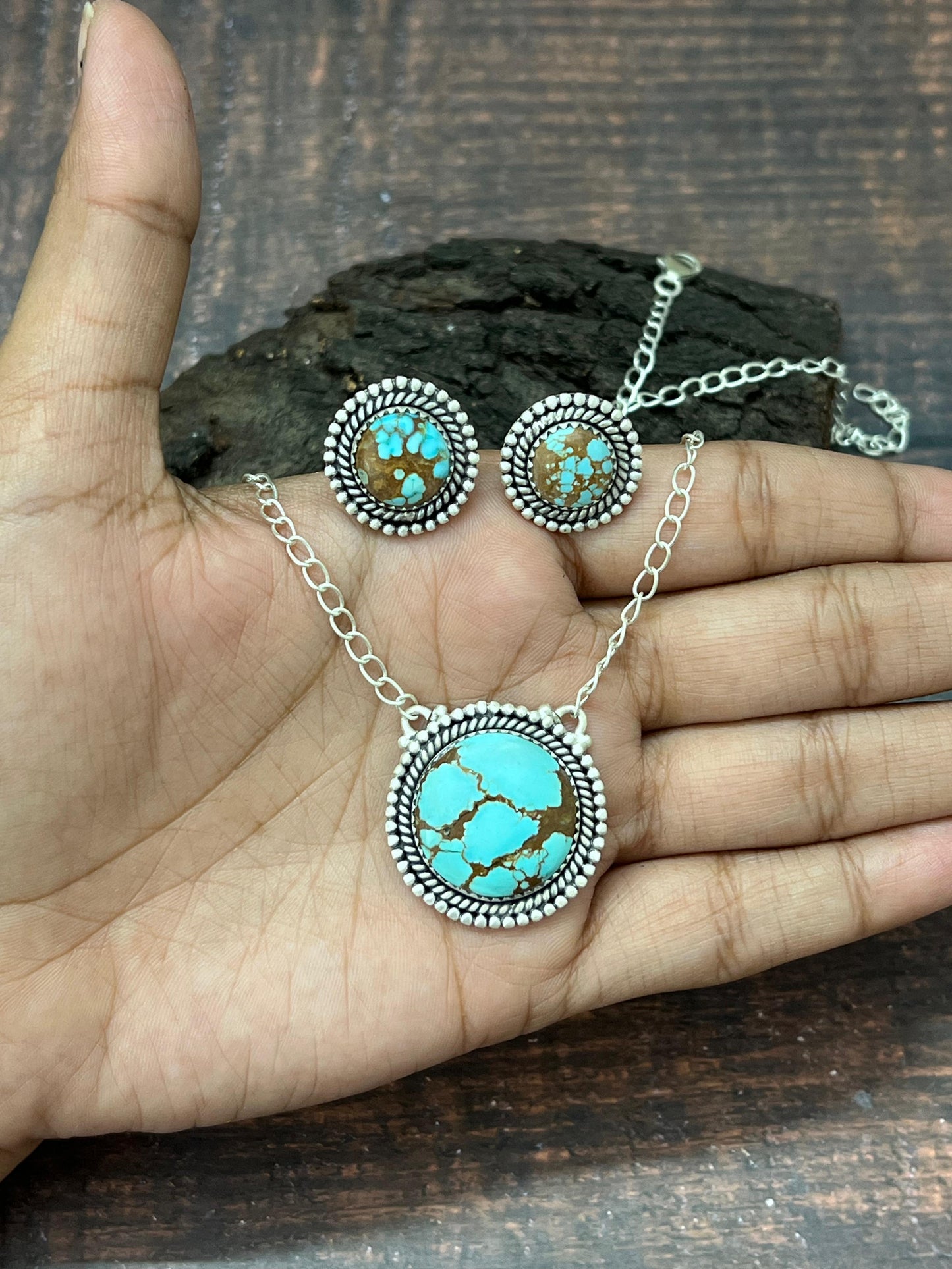 Handmade Sterling Silver Number 8 Turquoise Necklace Earrings Set with Signed Nizhoni