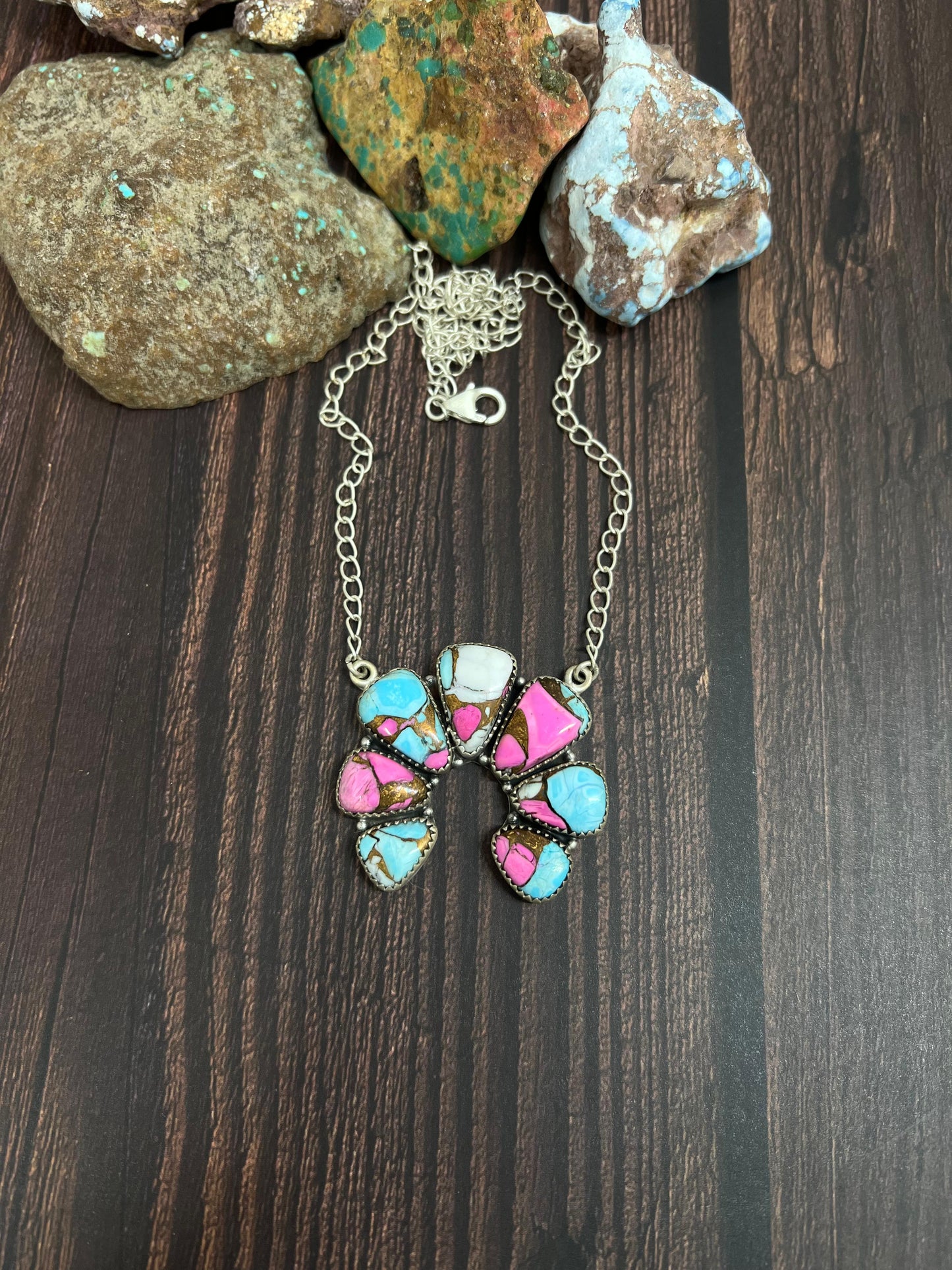 Handmade Sterling Silver Cotton Candy Turquoise Necklace with Signed Nizhoni