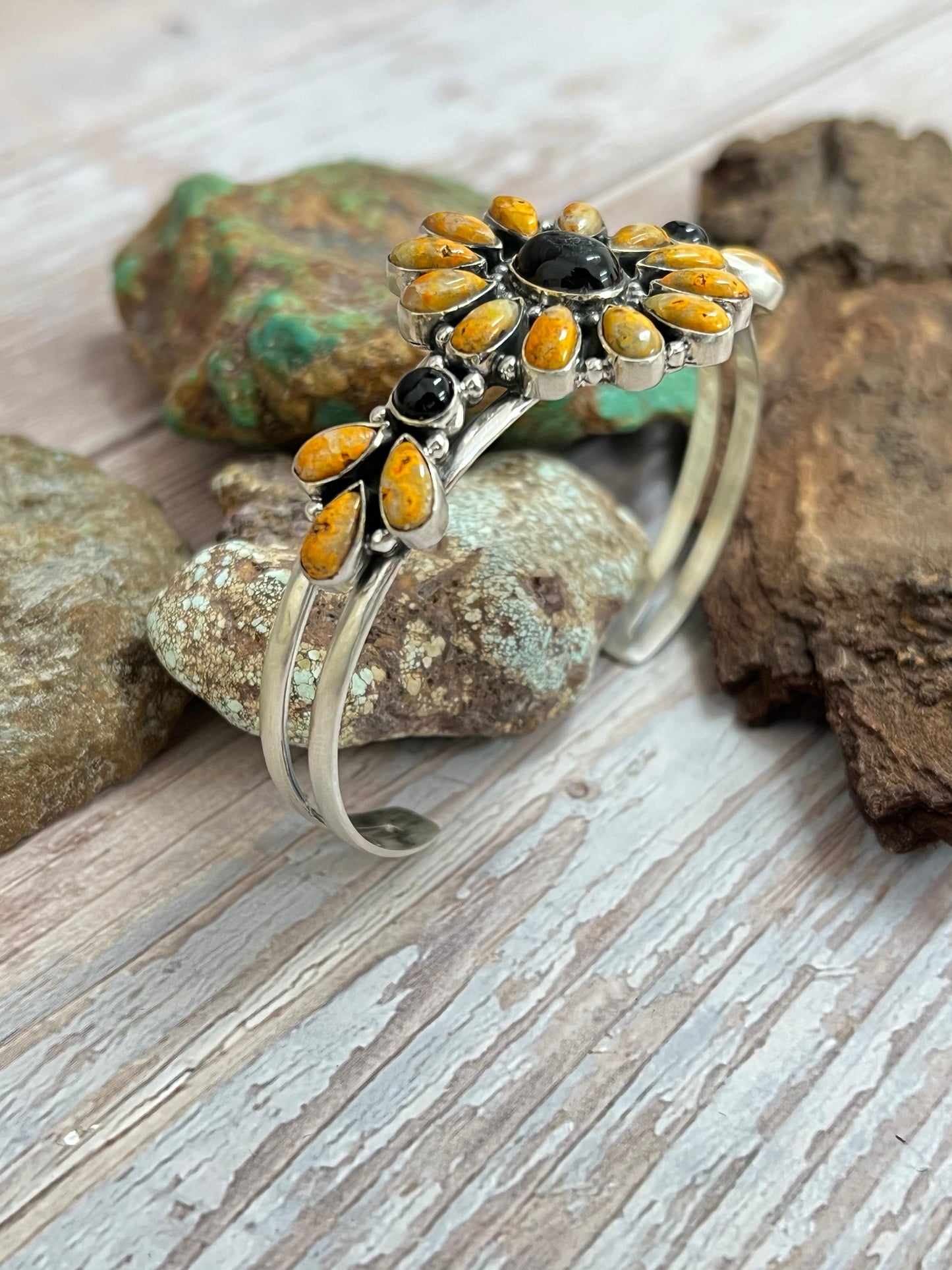 "Halloween Collection" Handmade Sterling Silver Black Onyx, Bumblebee Cuff Bracelet with Signed Nizhoni