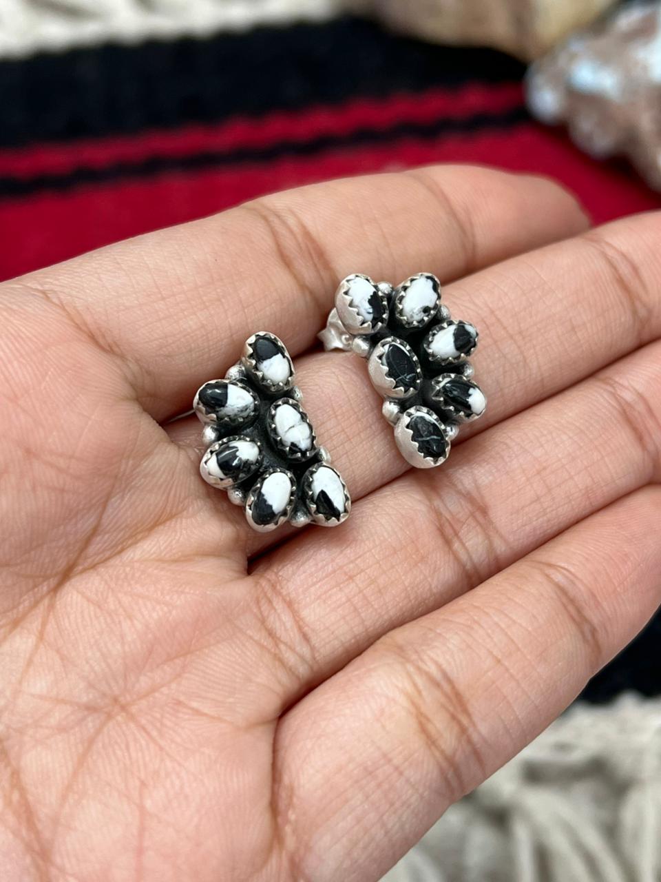 Handmade Sterling Silver White Buffalo Studs Earrings "Signed Nizhoni"