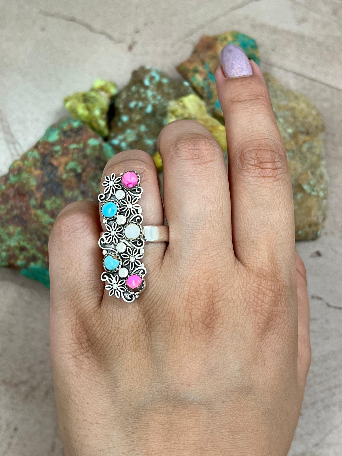 Handmade Sterling Silver Cotton Candy Turquoise Adjustable Ring with Signed Nizhoni