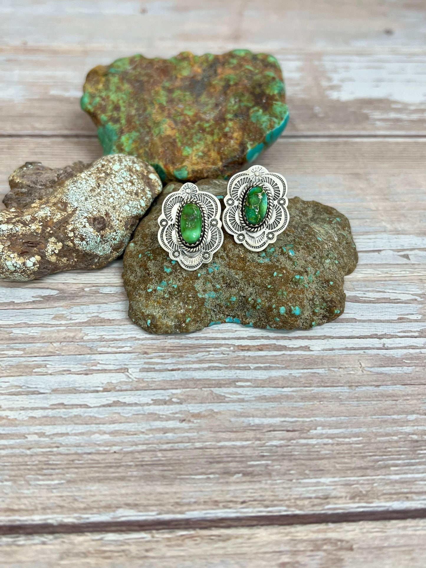 Handmade Sterling Silver Sonoran Mountain Turquoise Post Earrings with Signed Nizhoni