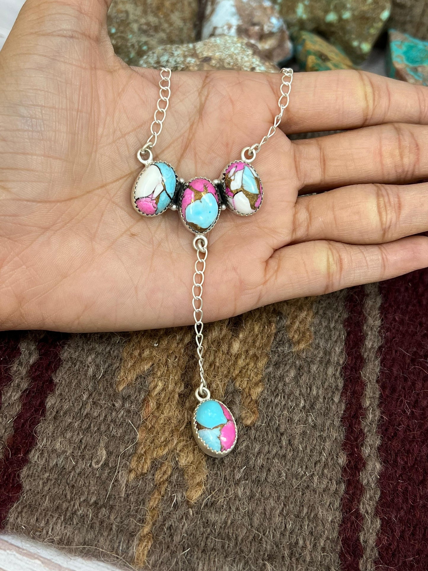 Handmade Sterling Silver Cotton Candy Turquoise Necklace with Signed Nizhoni
