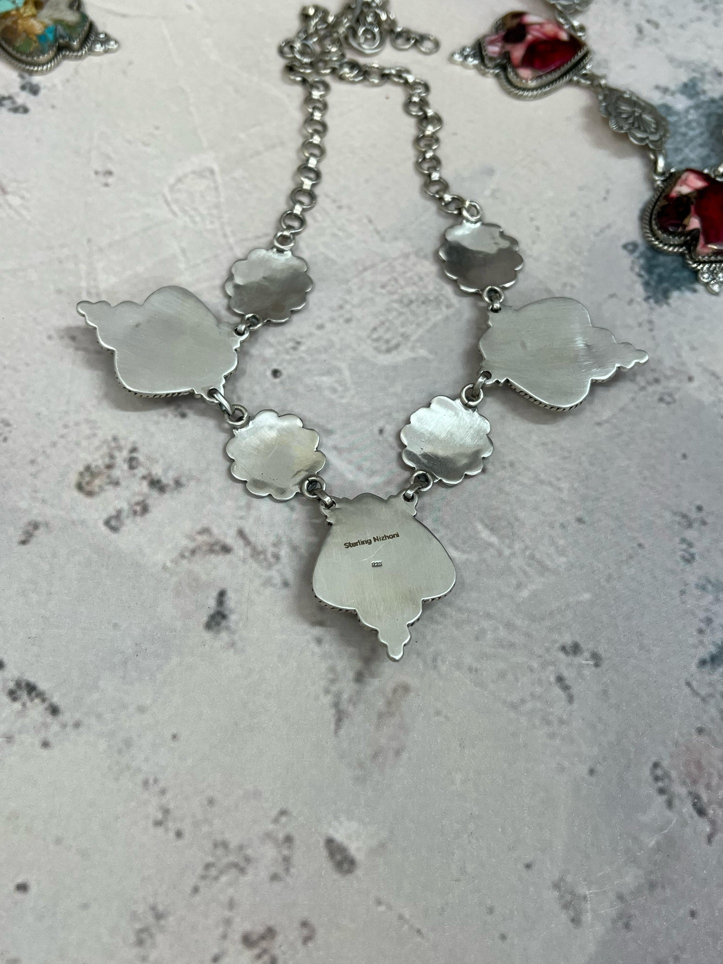 Handmade Sterling Silver White Buffalo, Royston Turquoise, Dahlia Rose Necklace, Signed Nizhoni