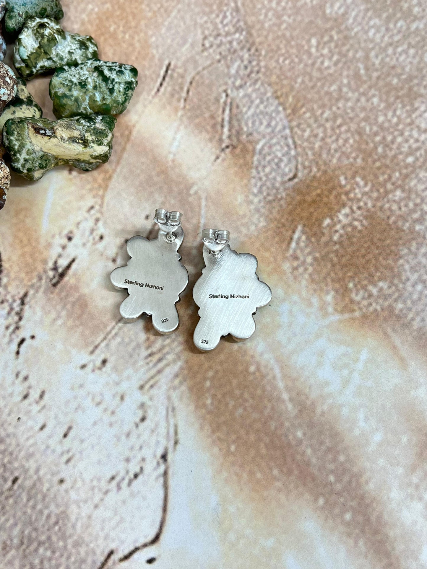 Handmade Sterling Silver Blue Bird Turquoise Crescent Post Earrings with Signed Nizhoni