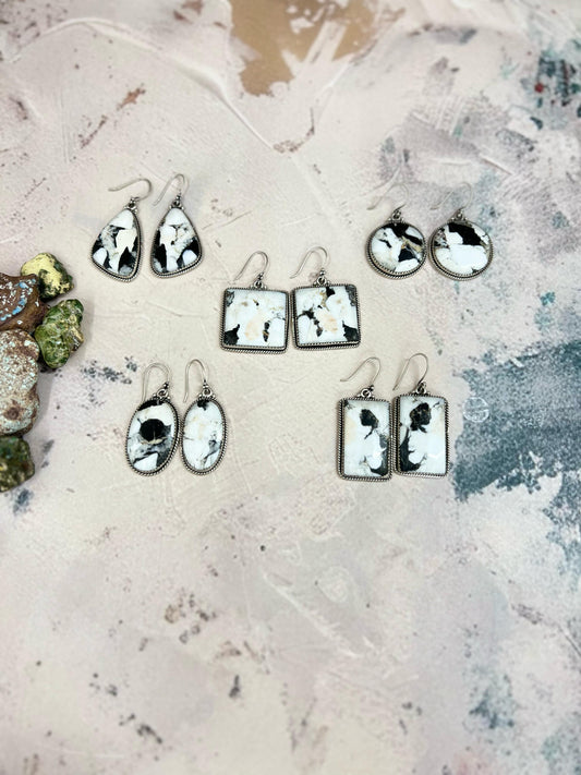 Handmade Sterling Silver White Buffalo Turquoise Hook Earrings with Signed Nizhoni
