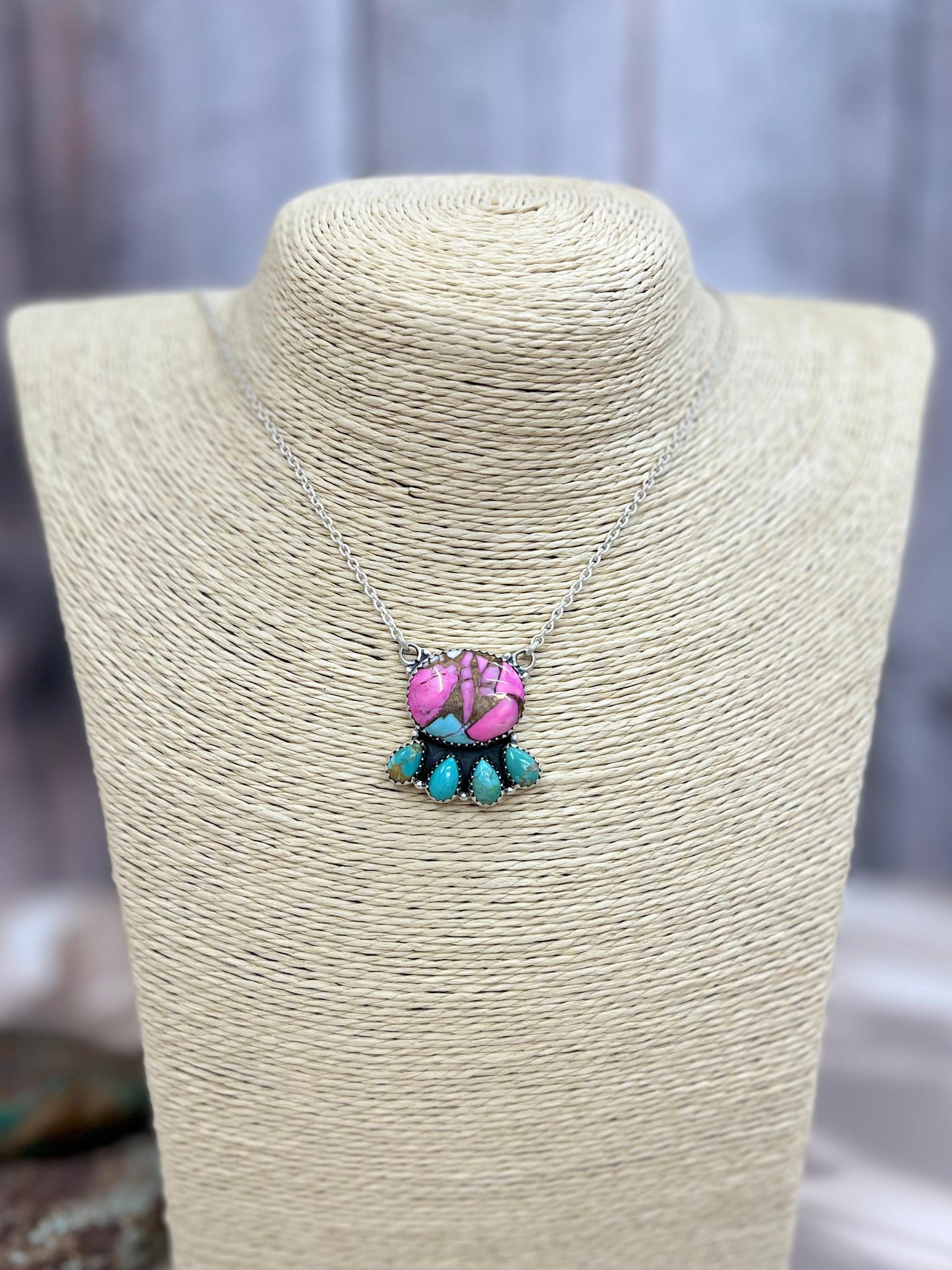 Handmade Sterling Silver Cotton Candy & Kingman Turquoise Necklace Signed Nizhoni