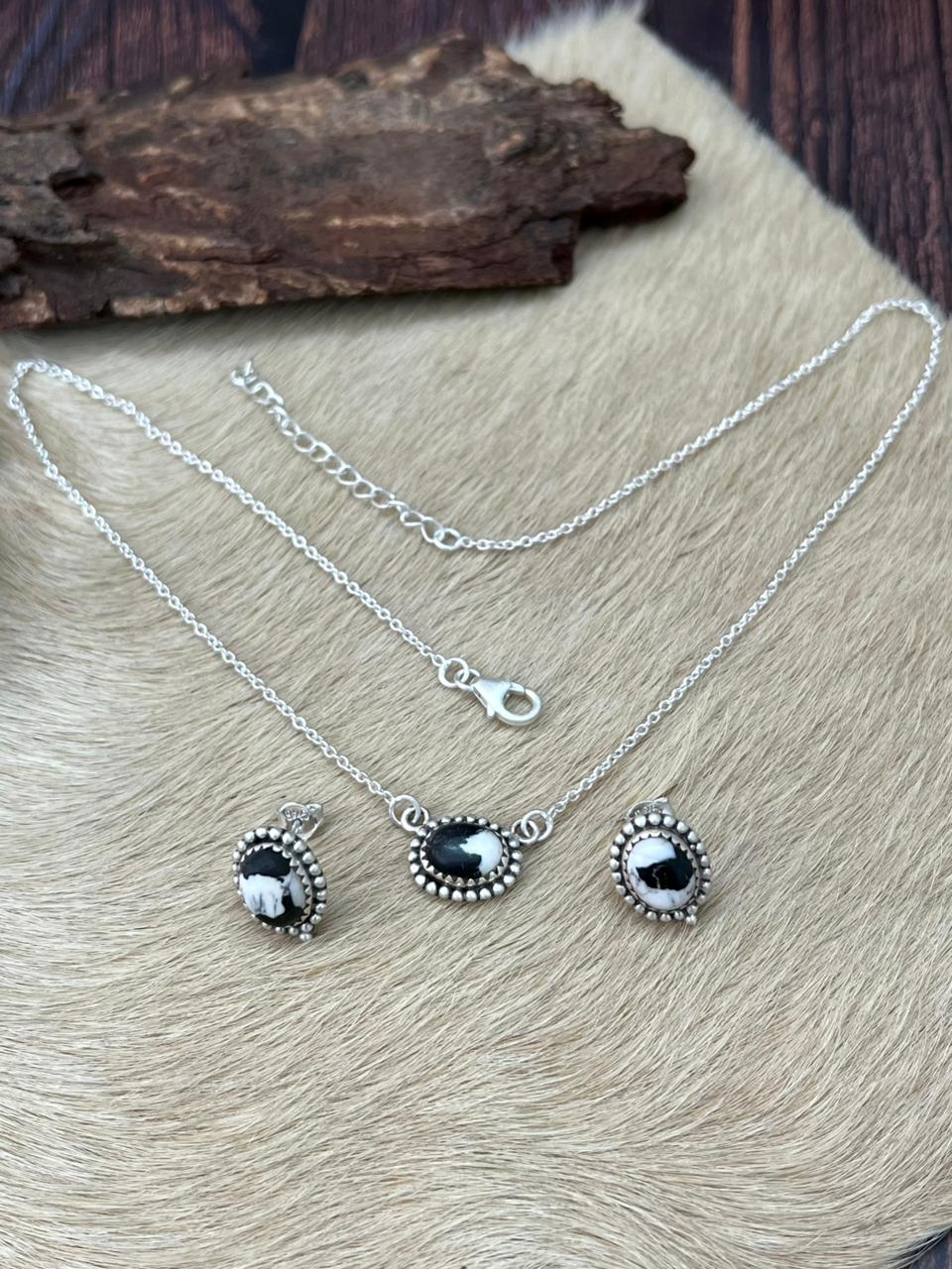Handmade Sterling Silver White Buffalo Necklace Earrings Set "Signed Nizhoni"