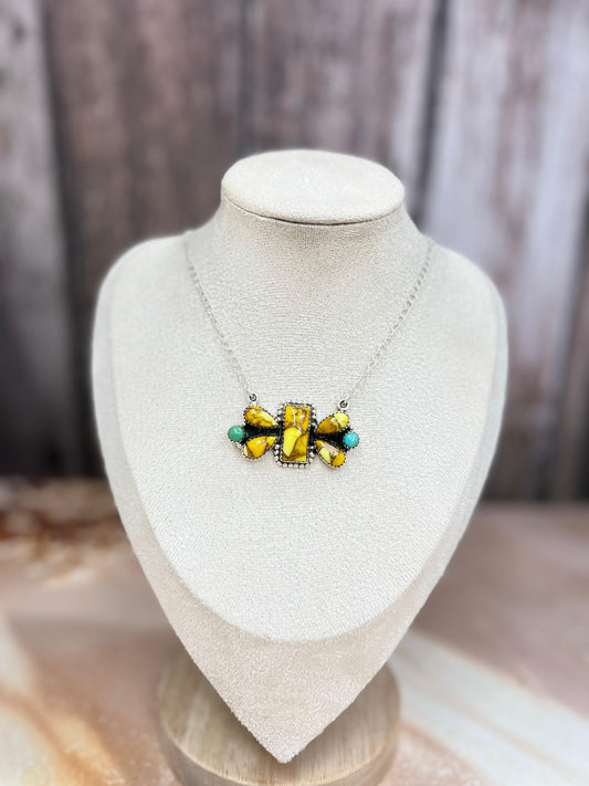 Handmade Sterling Silver Honey Dahlia with Kingman Turquoise Necklace, Signed Nizhoni