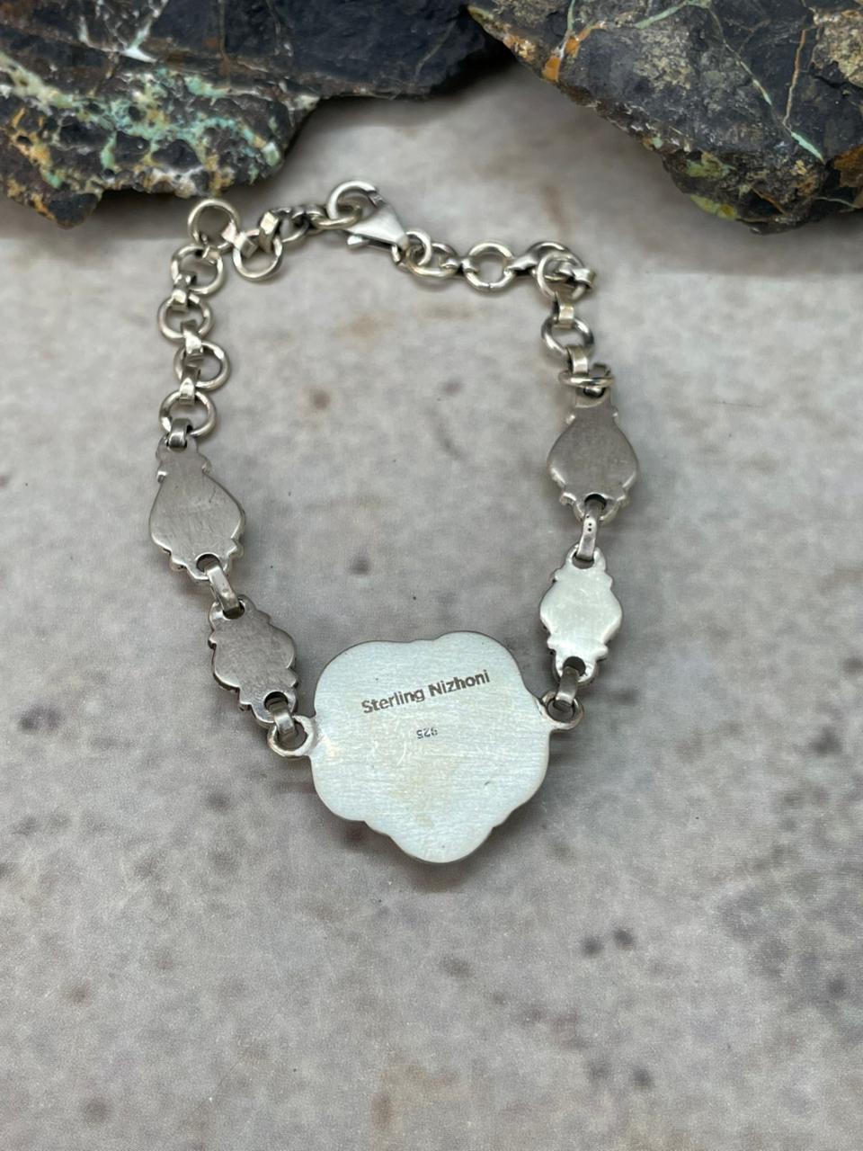 "Heart Collection" Handmade Sterling Silver Kingman Turquoise Chain Bracelet "Signed Nizhoni"
