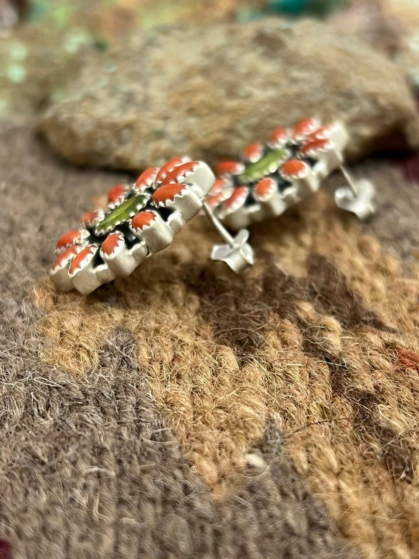 Christmas Handmade Sterling Silver Coral with Peridot Post Studs, Signed Nizhoni
