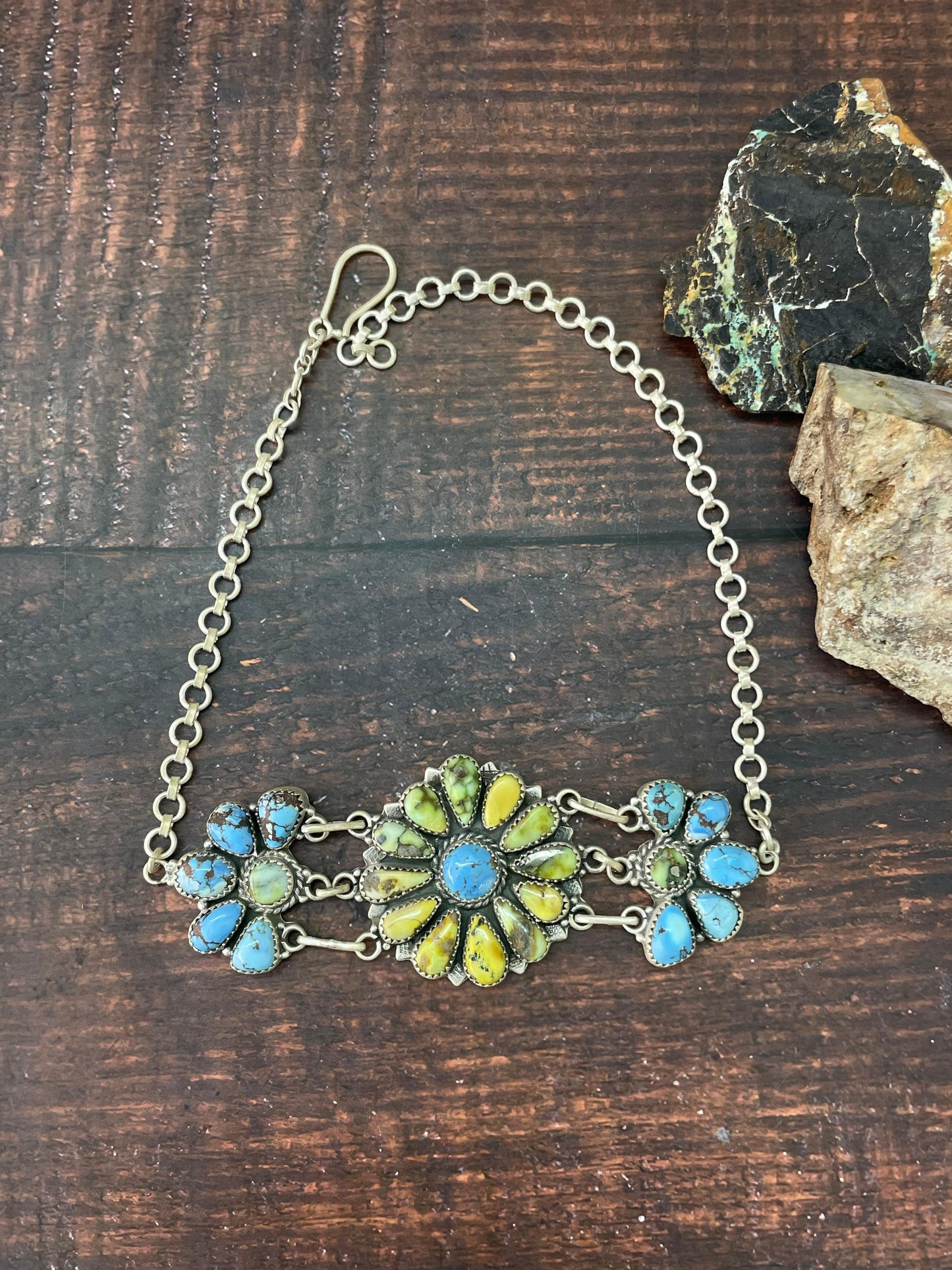 Handmade Sterling Silver Palomino with Golden Hills Turquoise Choker Necklace "Signed Nizhoni"