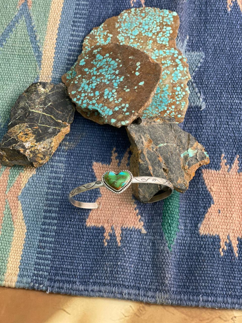 Handmade Sterling Silver Sonoran Mountain Turquoise Heart Cuff Bracelet "Signed Nizhoni"