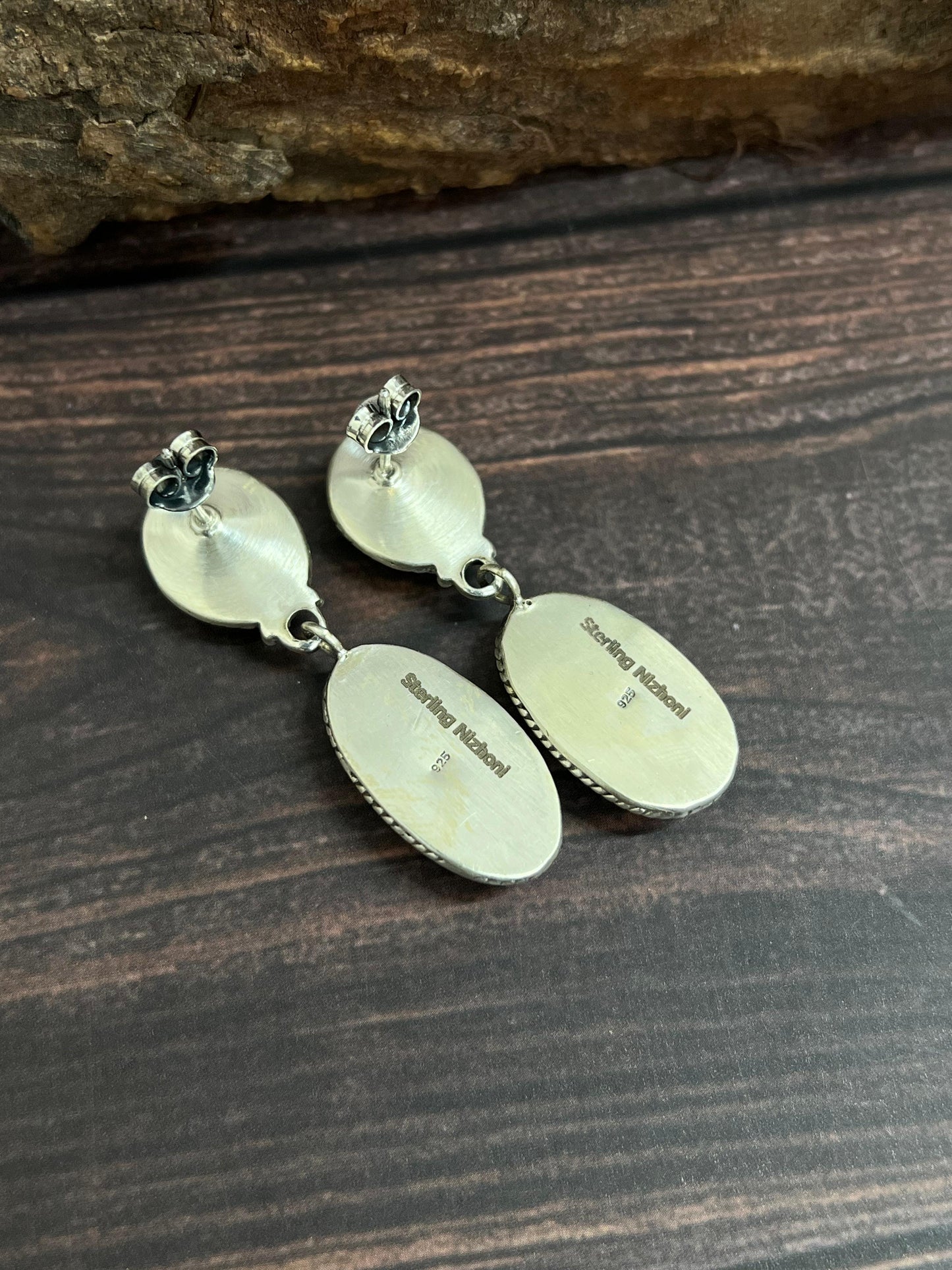 Handmade Sterling Silver South Hill Turquoise Post Dangle Earrings with Signed Nizhoni