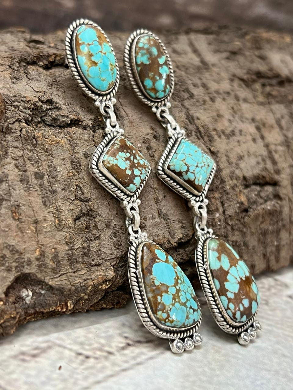 Handmade Sterling Silver Number 8 Turquoise Post Dangle Earrings with Signed Nizhoni (1)