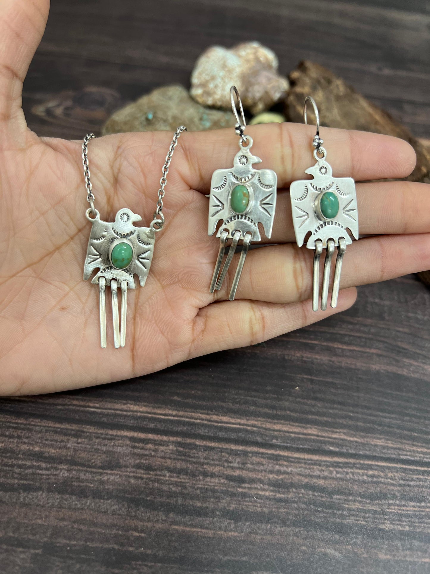 Handmade Sterling Silver Kingman Turquoise Necklace Earrings Set with Signed Nizhoni