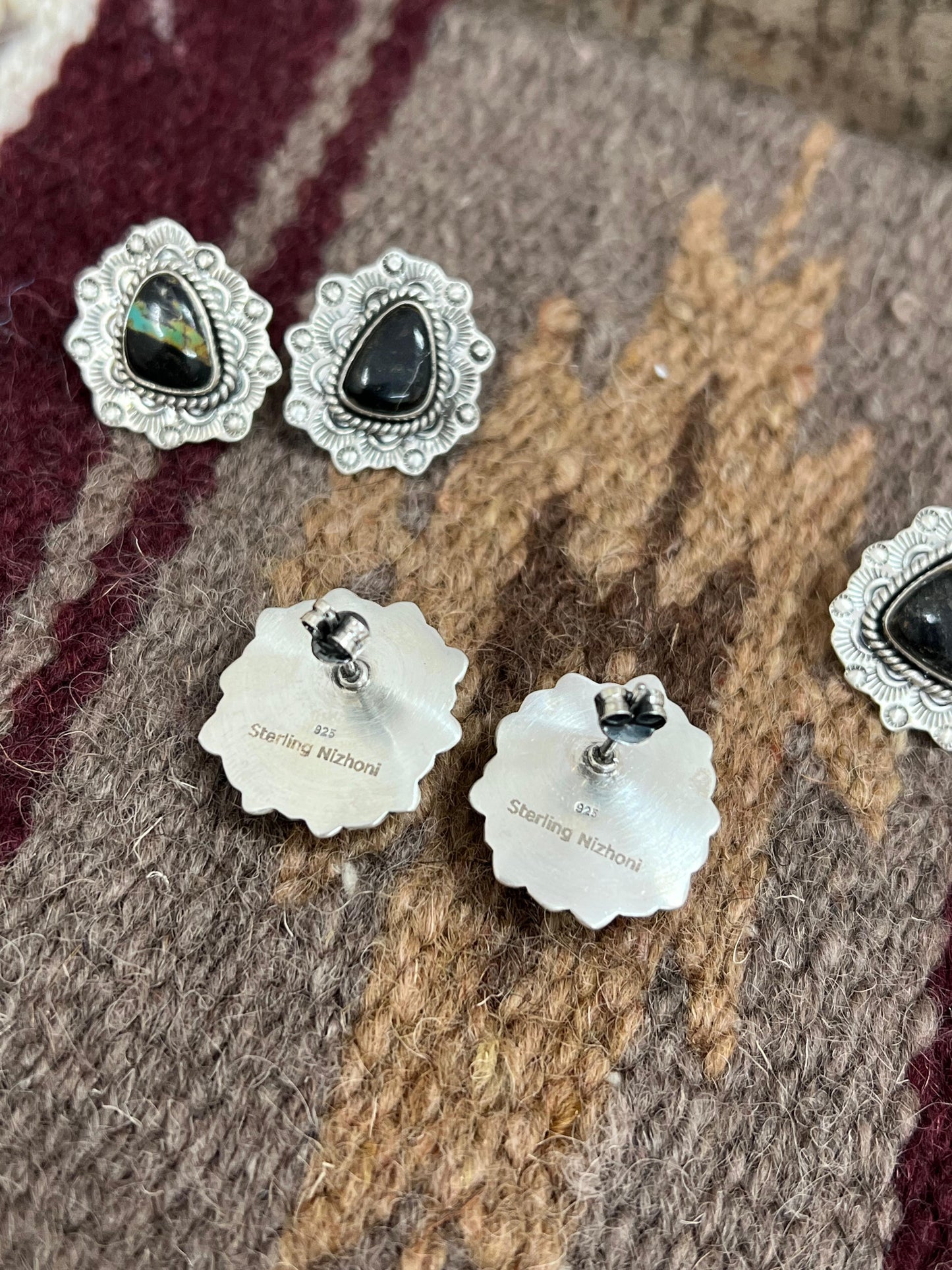 Handmade Sterling Silver Black Jack Post Earrings with Signed Nizhoni