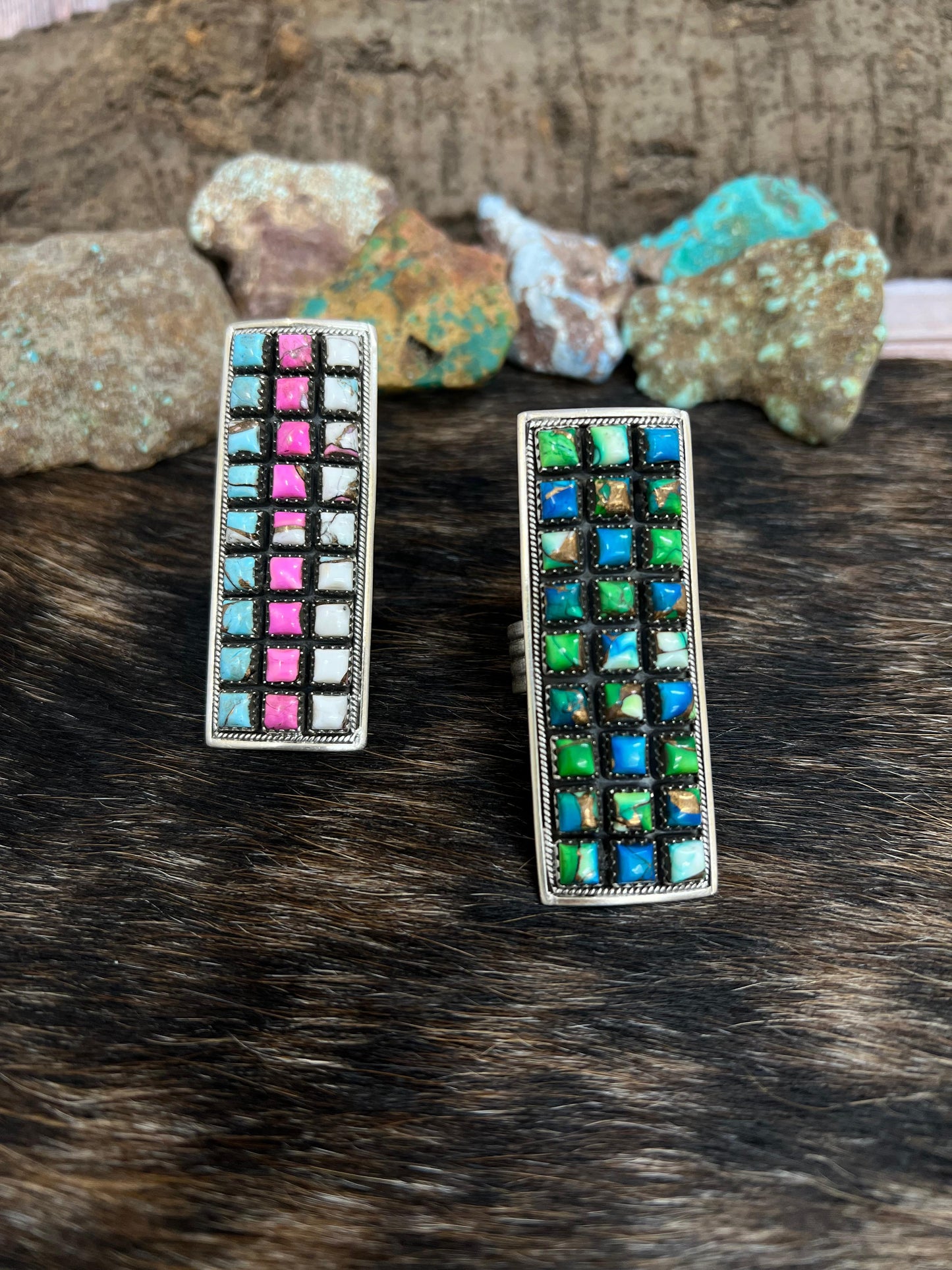 Handmade Sterling Silver Cotton Candy Turquoise, Peacock Dahlia Adjustable Rings with Signed Nizhoni