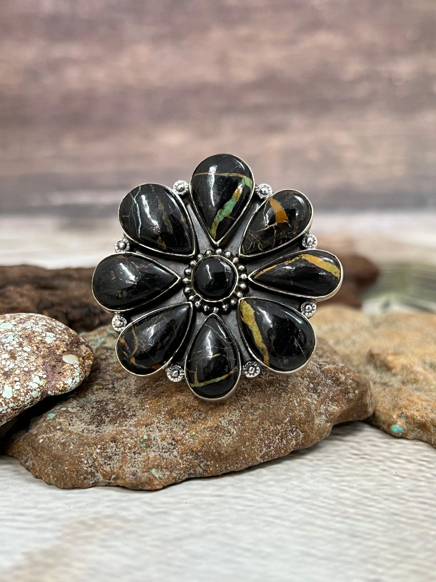 Handmade Sterling Silver Blackjack Turquoise Adjustable Ring Signed Nizhoni