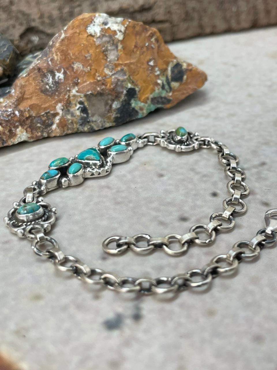 "Heart Collection" Handmade Sterling Silver Kingman Turquoise Chain Bracelet "Signed Nizhoni"