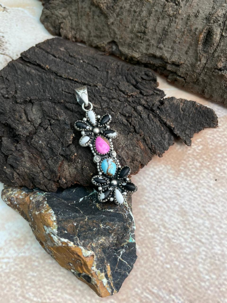 Handmade Sterling Silver White Buffalo with Cotton Candy Pendant "Signed Nizhoni"