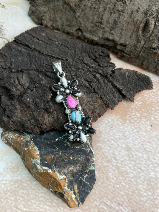 Handmade Sterling Silver White Buffalo with Cotton Candy Pendant "Signed Nizhoni"