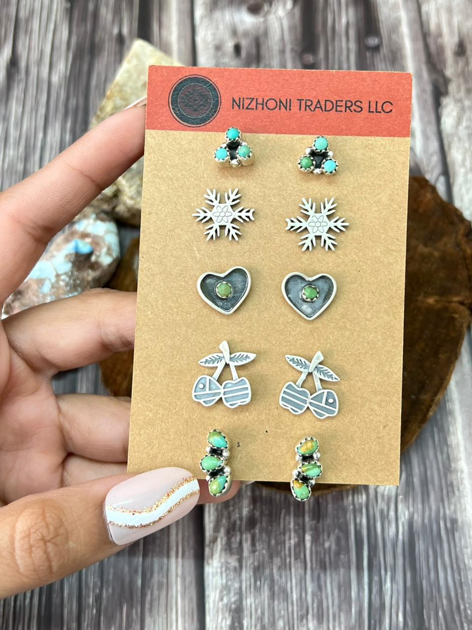 Handmade Sterling Silver Kingman Turquoise Post Studs Earrings Set