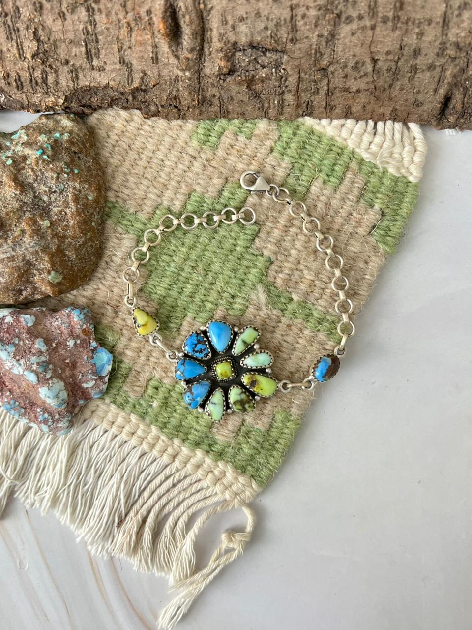 Handmade Sterling Silver Palomino with Golden Hills Turquoise Chain Bracelet "Signed Nizhoni"