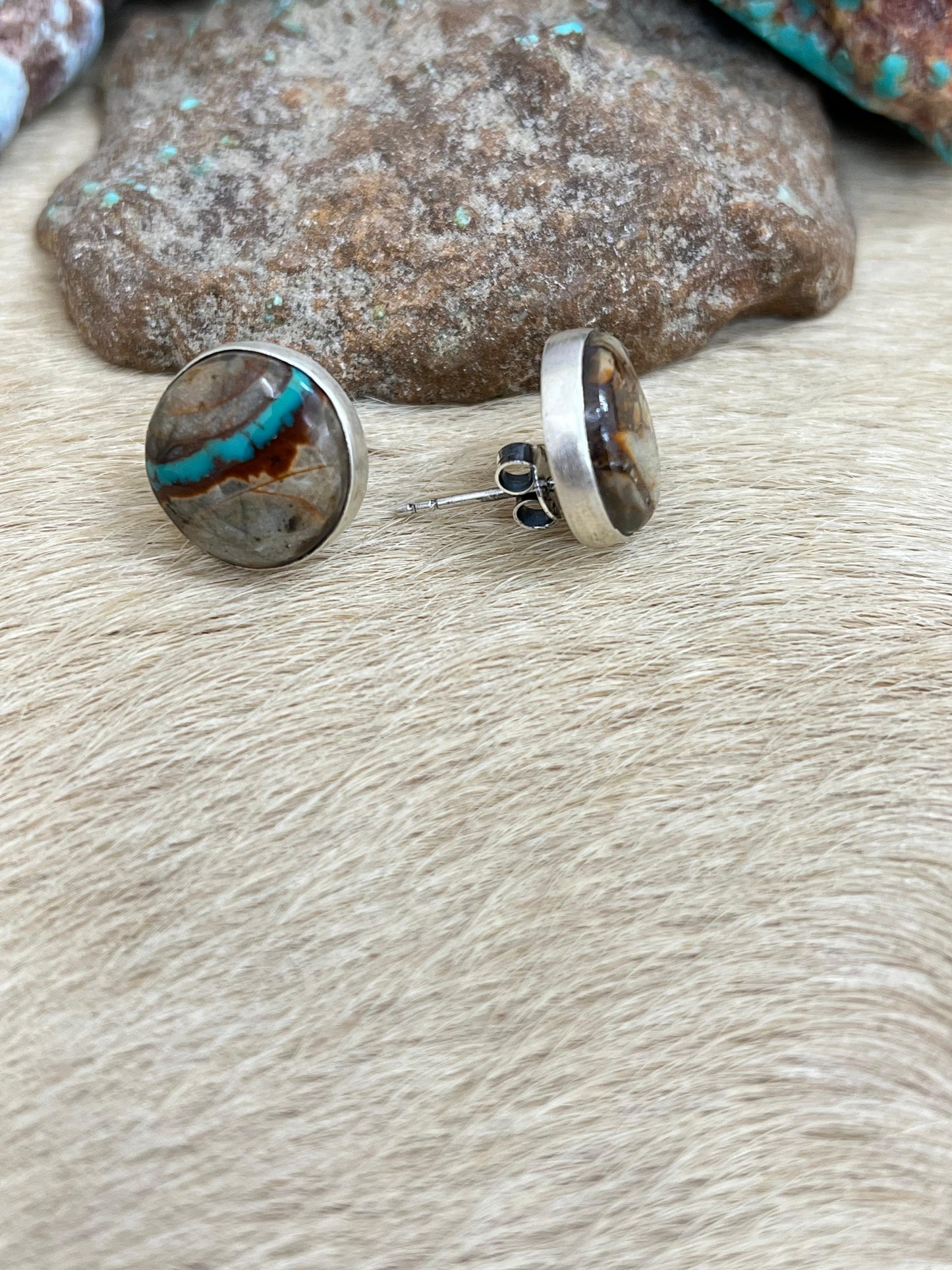 Handmade Sterling Silver Ribbon Royston Studs with Signed Nizhoni