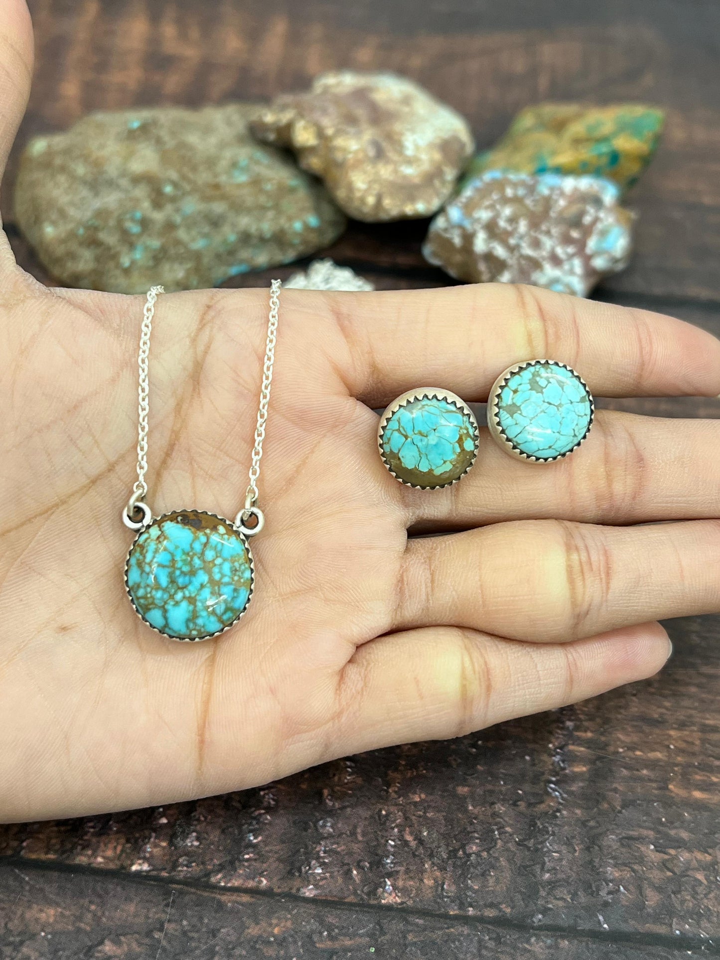 Handmade Sterling Silver Number 8 Turquoise Necklace Earrings Set with Signed Nizhoni
