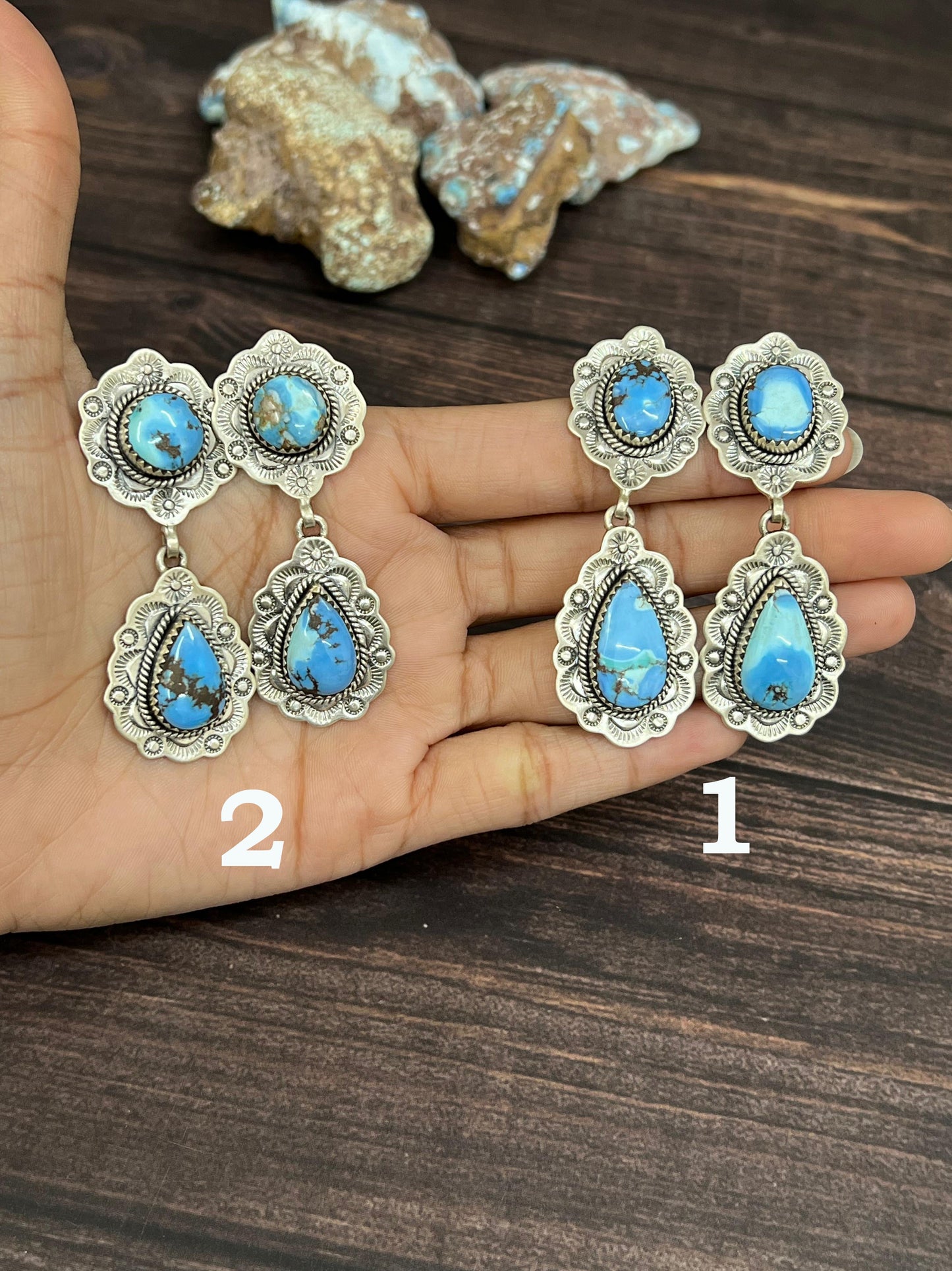 Handmade Sterling Silver Golden Hills Turquoise Post Dangle Earrings with Signed Nizhoni
