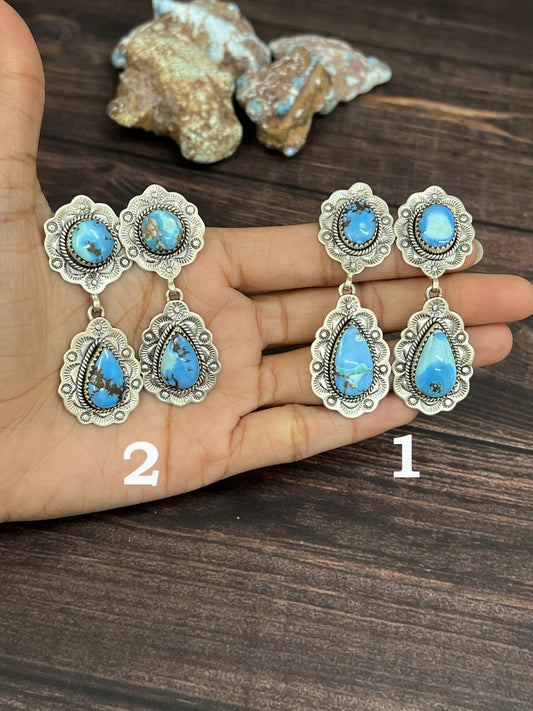 Handmade Sterling Silver Golden Hills Turquoise Post Dangle Earrings with Signed Nizhoni