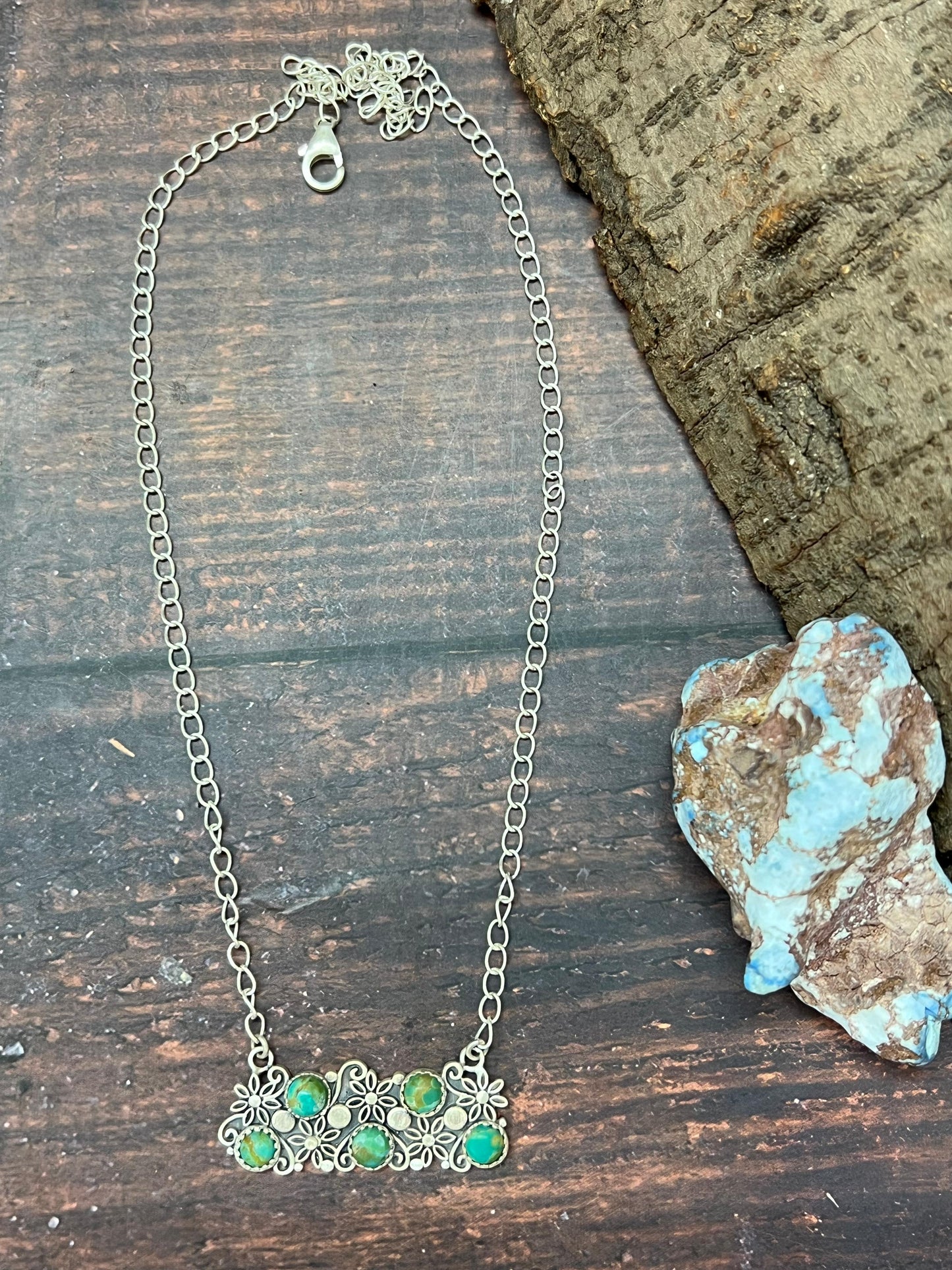 Handmade Sterling Silver Kingman Turquoise Necklace with Signed Nizhoni
