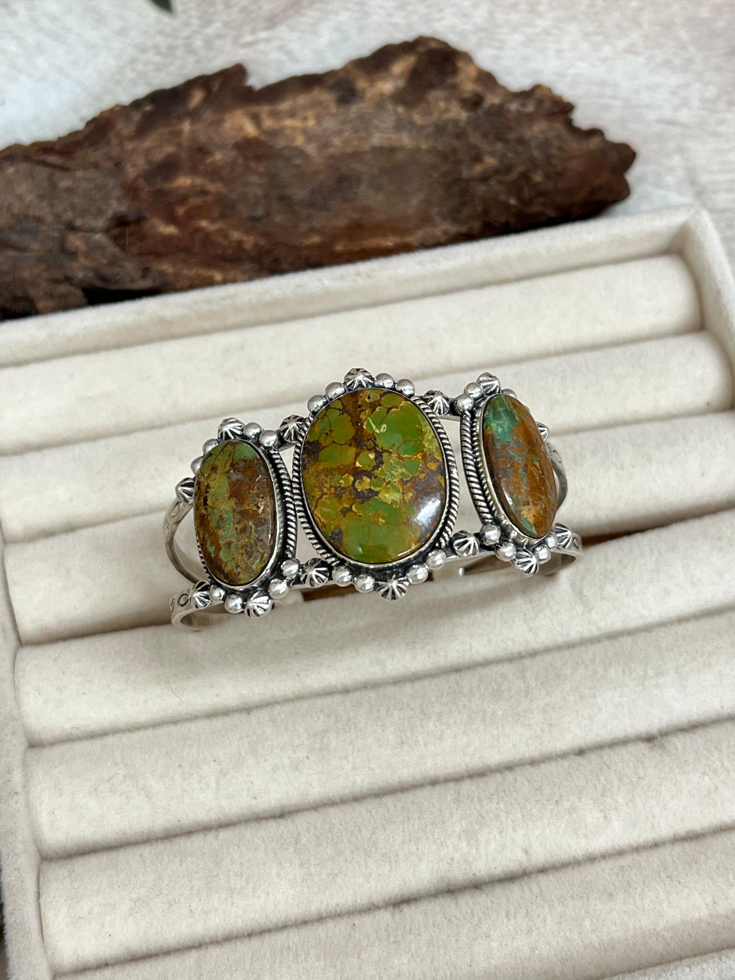 Handmade Sterling Silver Old Stock Royston Turquoise Cuff Bracelet with Signed Nizhoni