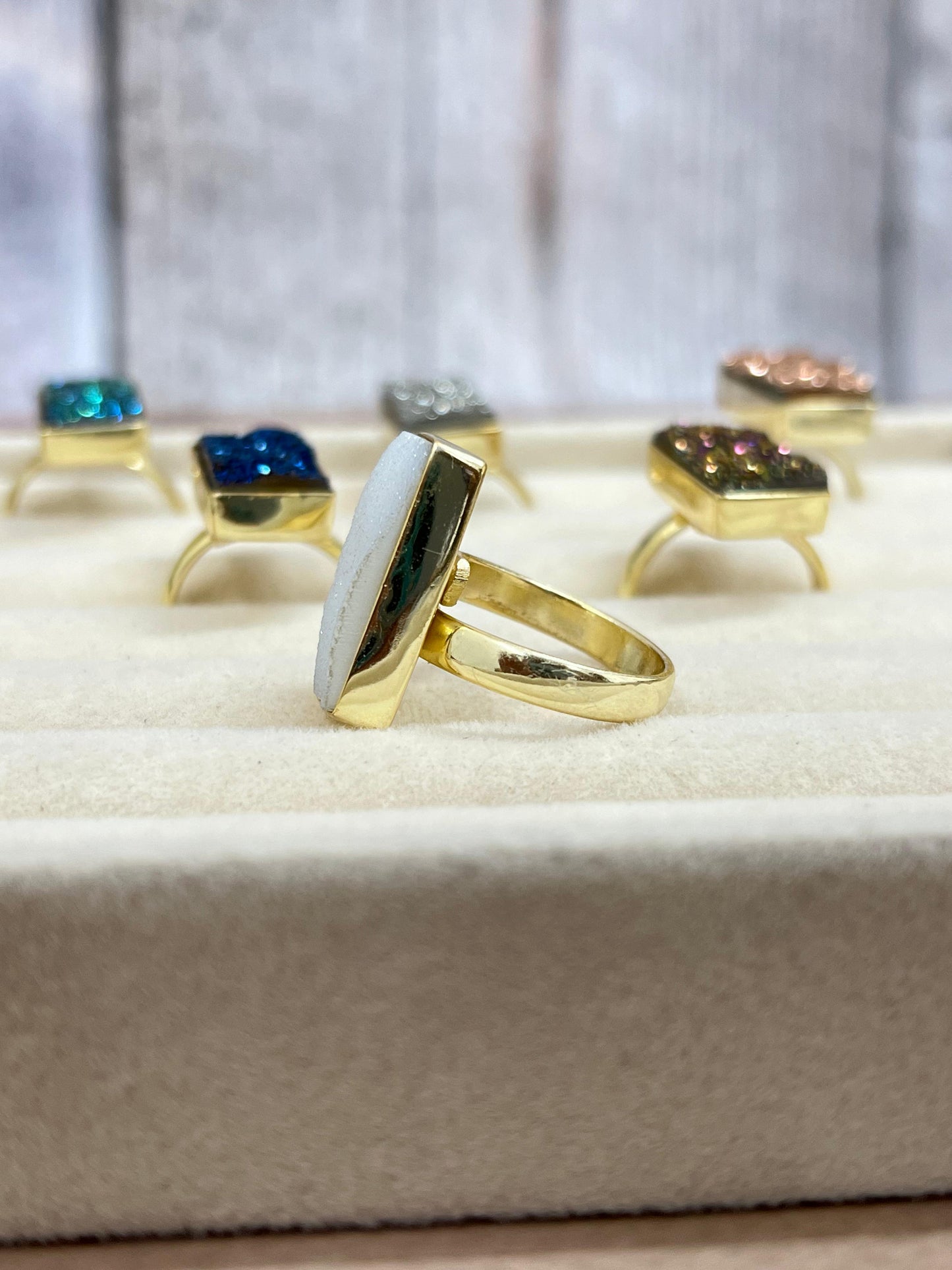 “The Boho Collection” Handmade Natural Druzy Adjustable Baguette Ring- 6 Colors