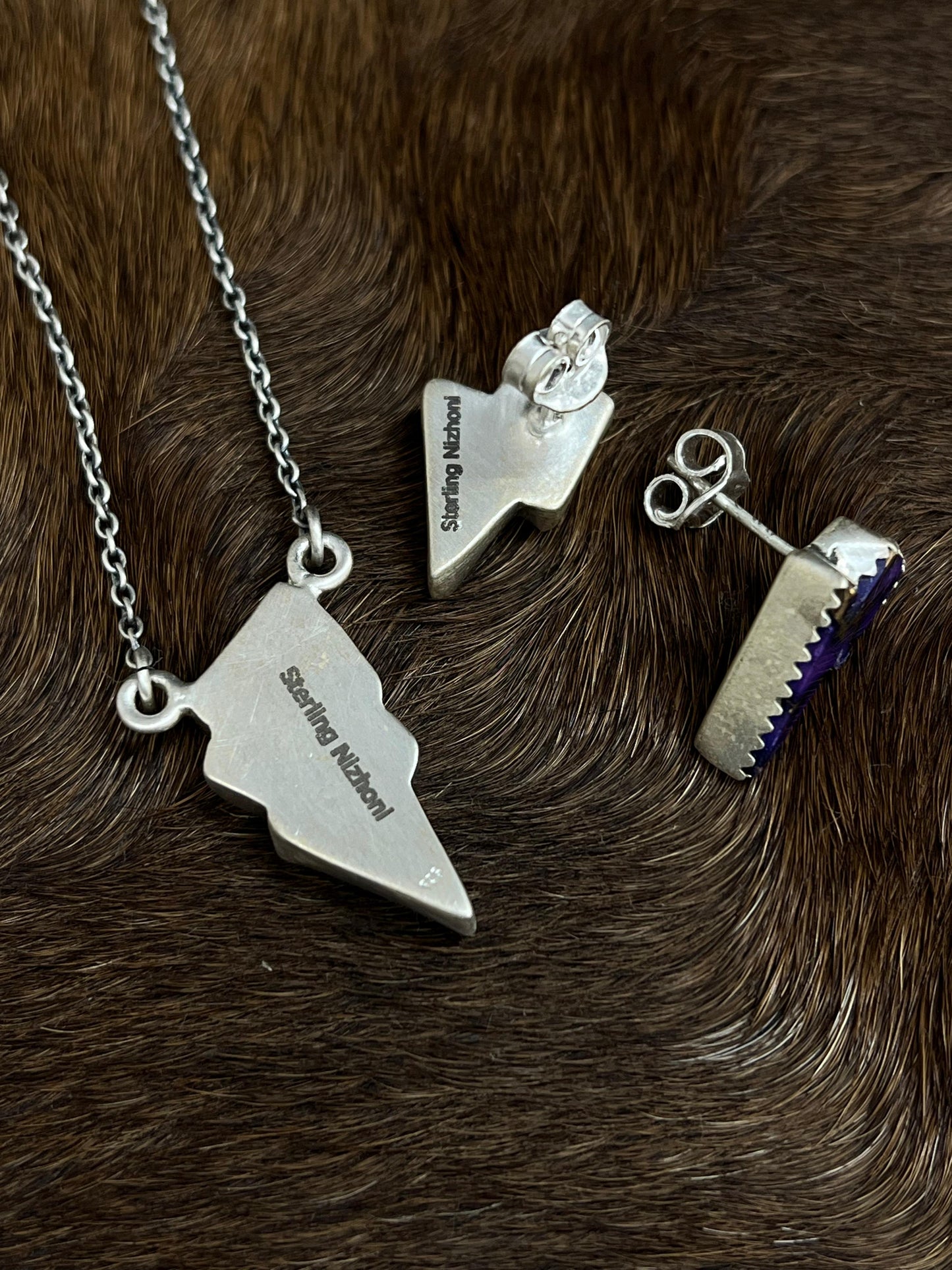 Handmade Sterling Silver Grape Dahlia Lightening Bolt Necklace Earrings Set, Signed Nizhoni