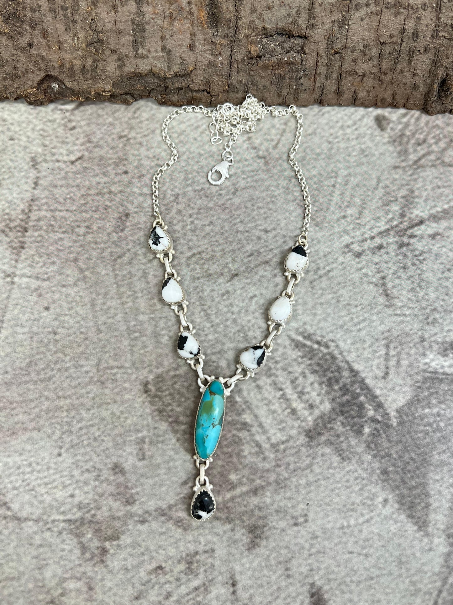 Handmade Sterling Silver White Buffalo with Kingman Turquoise Necklace, Signed Nizhoni