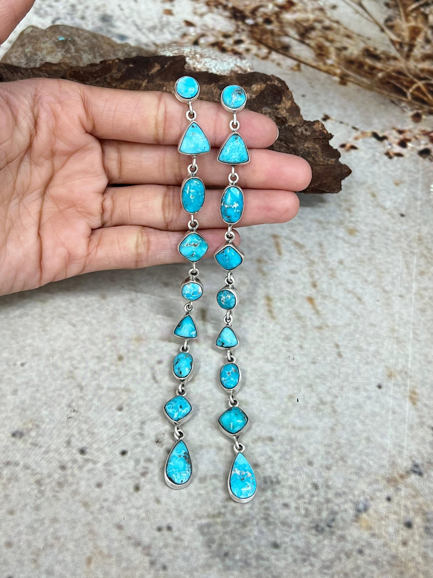 Handmade Sterling Silver White Water Turquoise Dangle Earrings Signed Nizhoni
