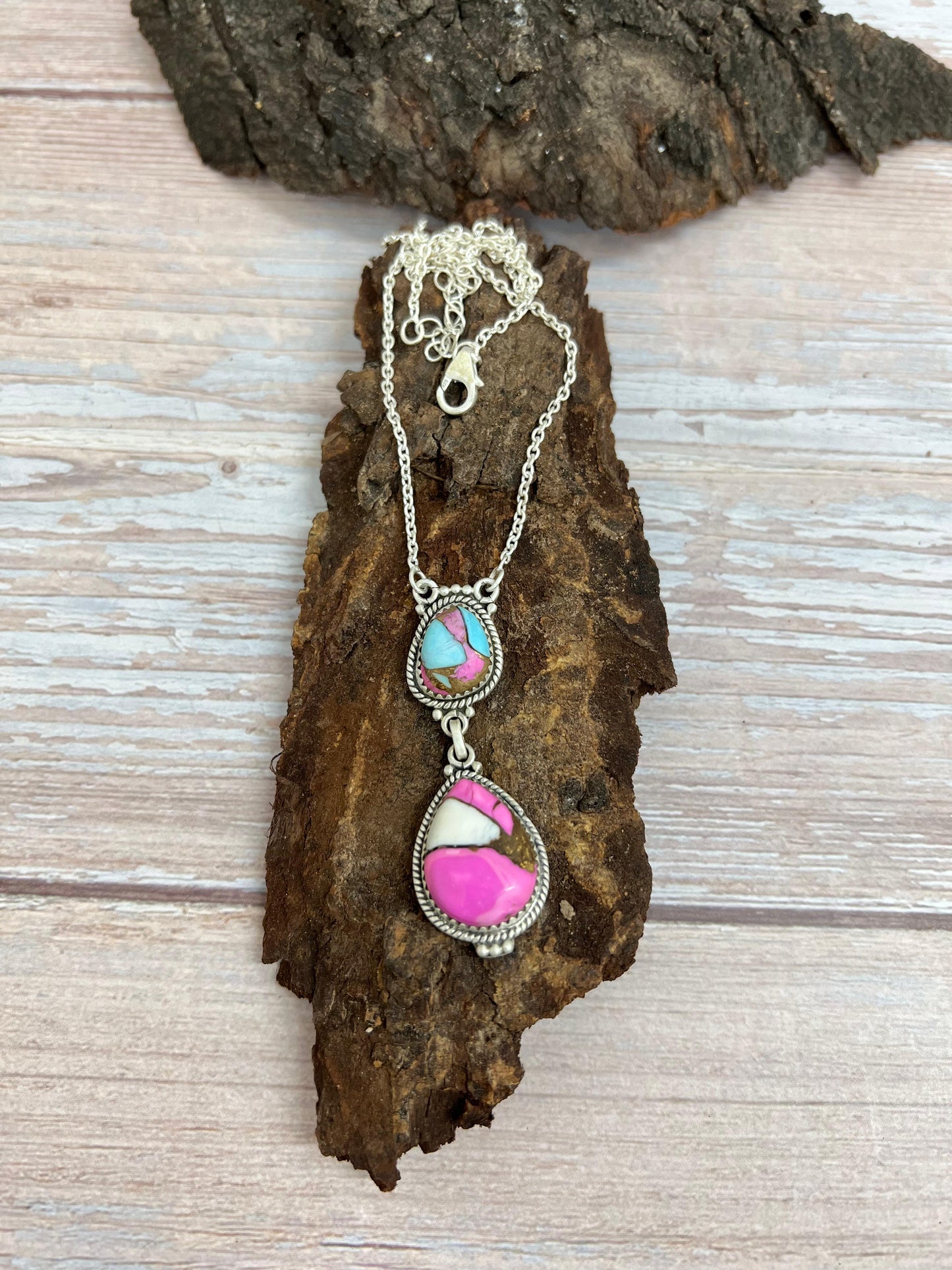 Handmade Sterling Silver Cotton Candy Turquoise Necklace with Signed Nizhoni