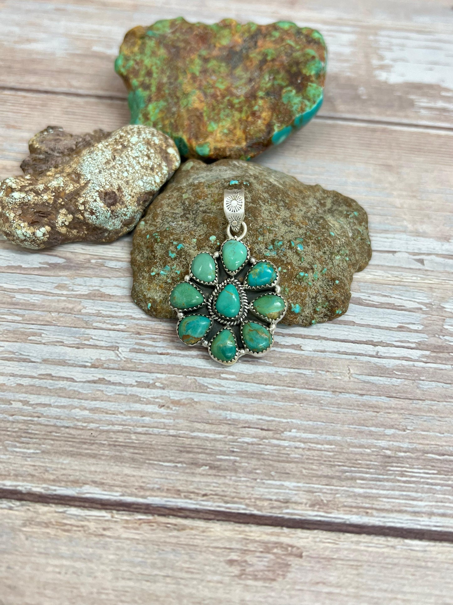 Handmade Sterling Silver Kingman Turquoise Pendant with Signed Nizhoni
