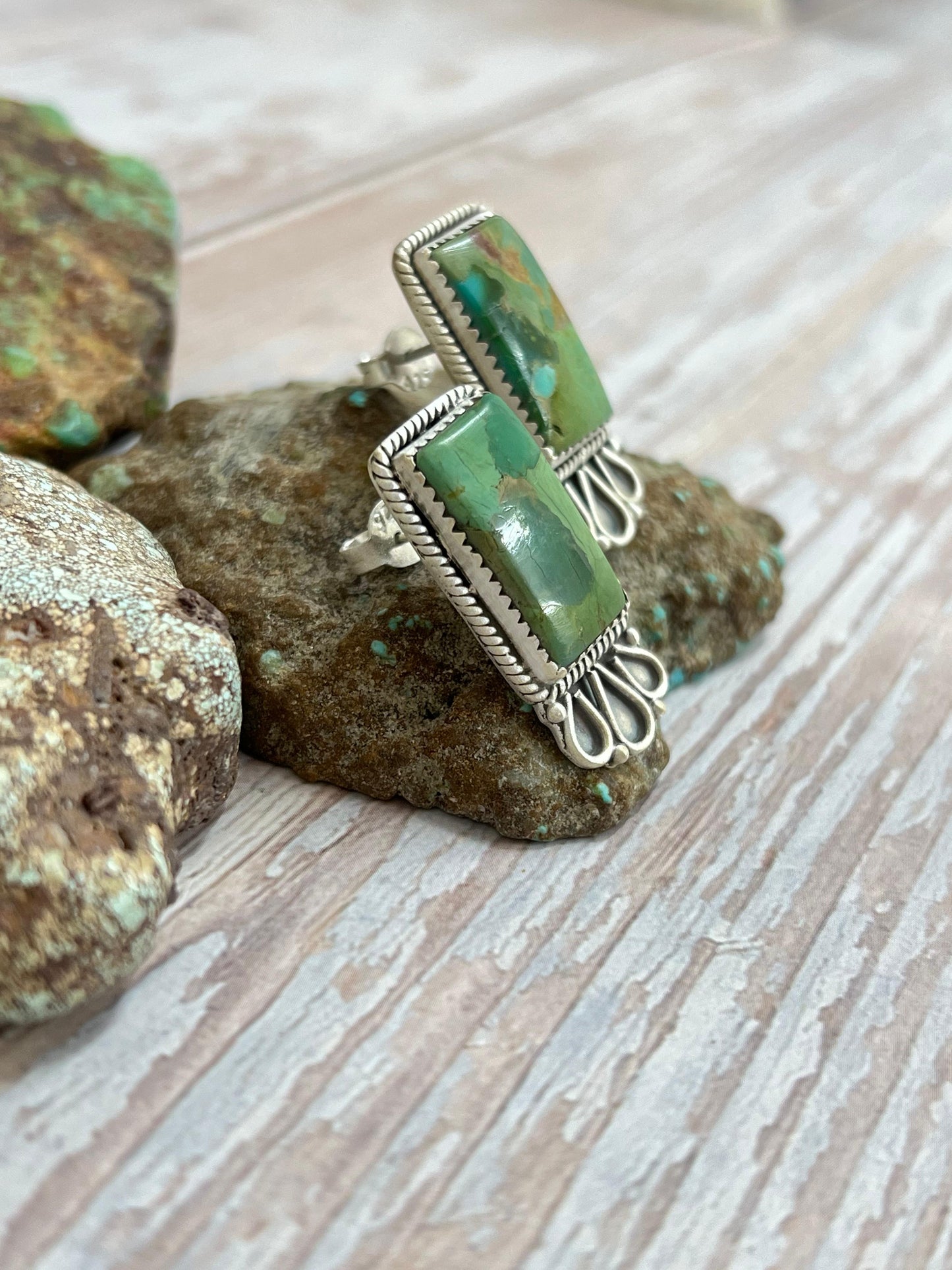 Handmade Sterling Silver Kingman Turquoise Post Earrings with Signed Nizhoni