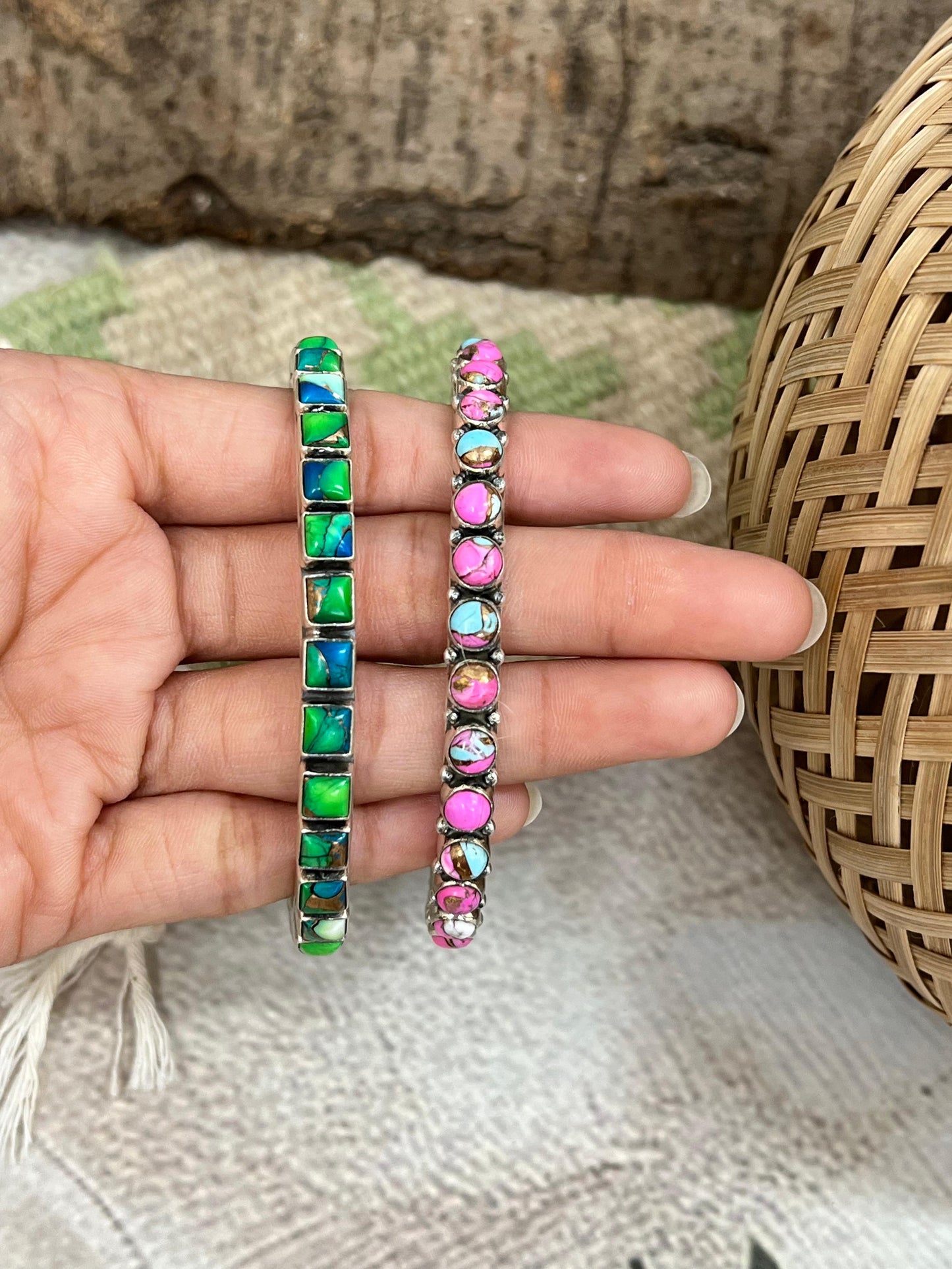 Handmade Sterling Silver Peacock Dahlia, Cotton Candy Cuff Bracelet with Signed Nizhoni