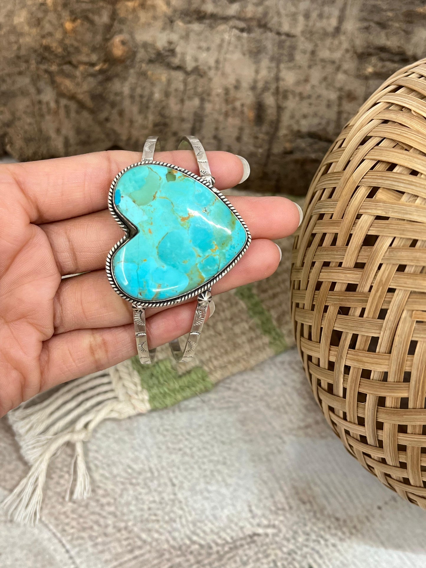 Handmade Sterling Silver Kingman Turquoise Heart Bracelet with Signed Nizhoni