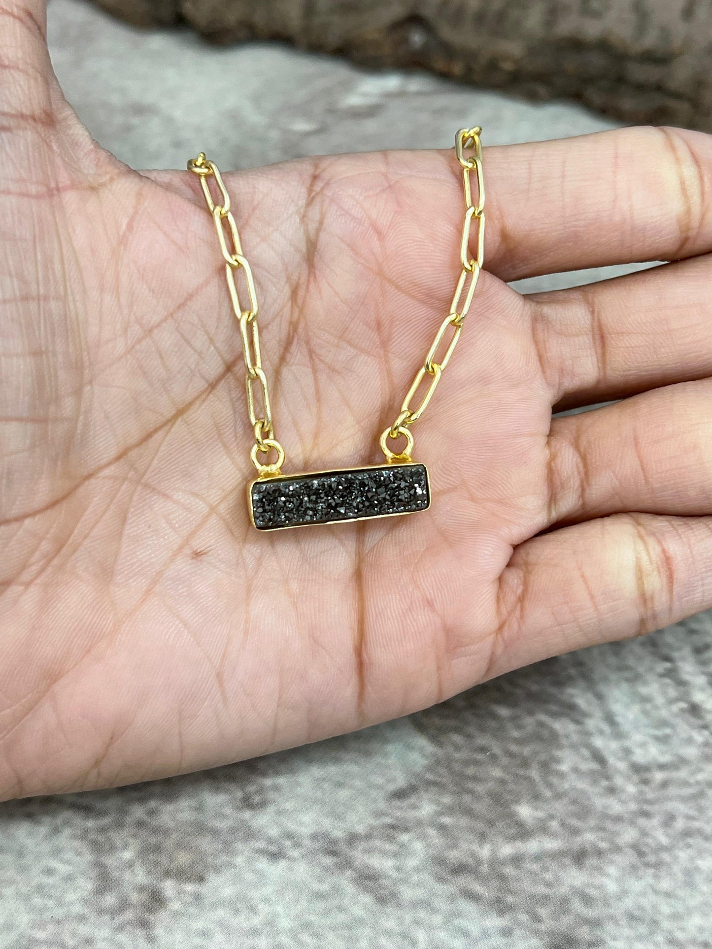 “The Boho Collection” Handmade Natural Druzy Charcoal Bar Necklace