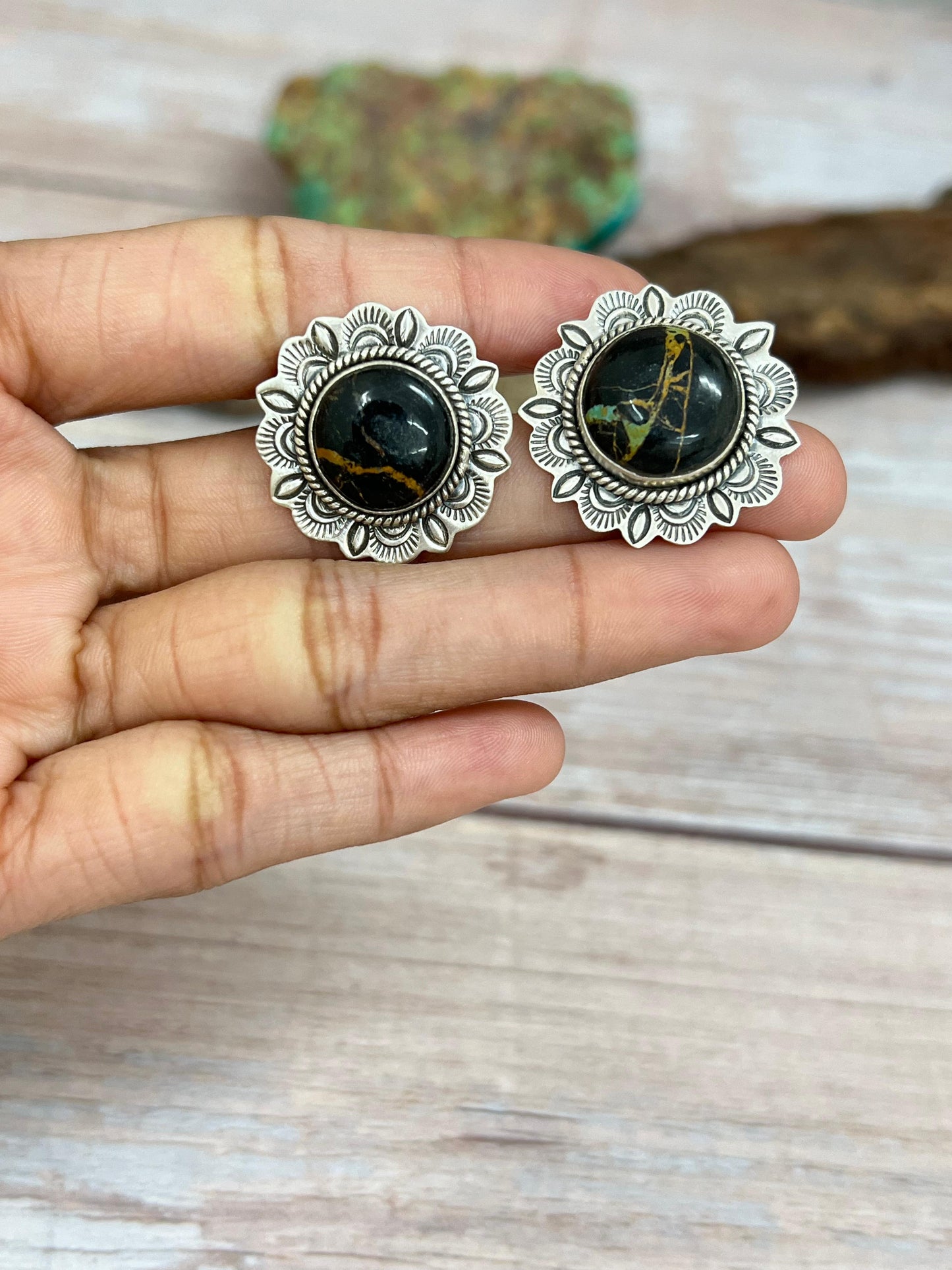 Handmade Sterling Silver Blackjack Turquoise Post Studs with Signed Nizhoni