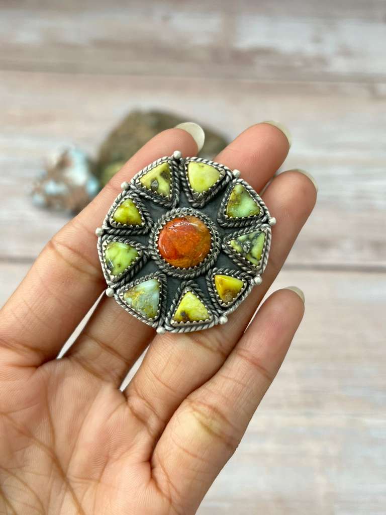 Handmade Sterling Silver Apple Coral and Palomino Adjustable Ring "Signed Nizhoni"