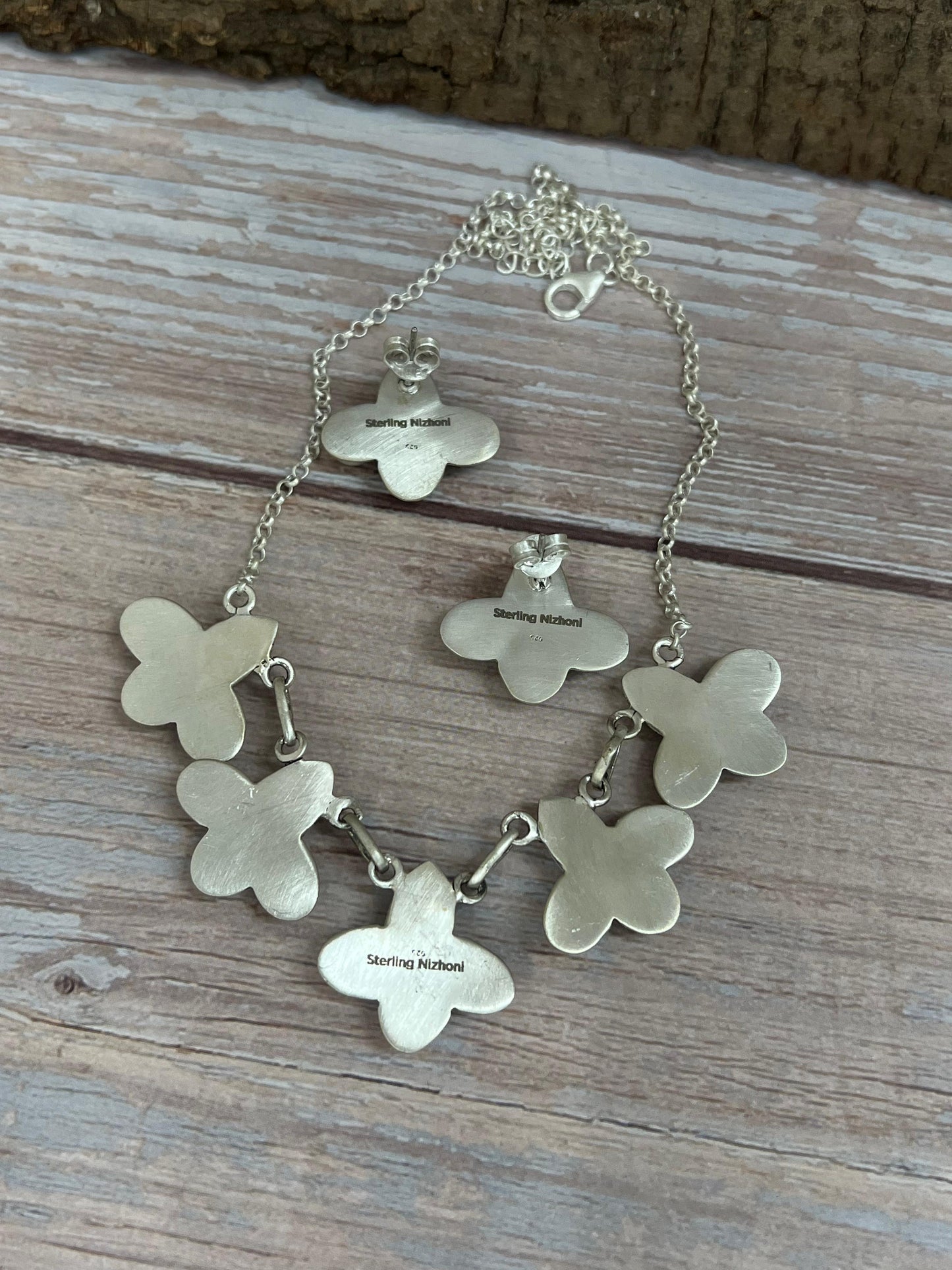 Handmade Sterling Silver White Buffalo Necklace & Earrings Set Signed Nizhoni