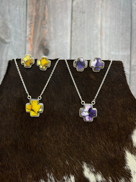 Handmade Sterling Silver Purple Blue Ice Rose Dahlia, Honey Dahlia Necklace Earrings Set, Signed Nizhoni (1)