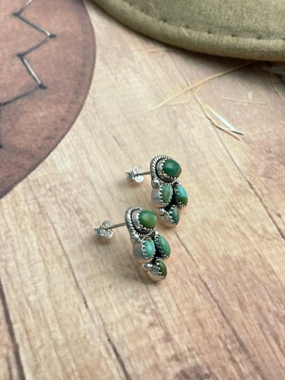 Handmade Sterling Silver Kingman Turquoise Post Studs Earrings "Signed Nizhoni"