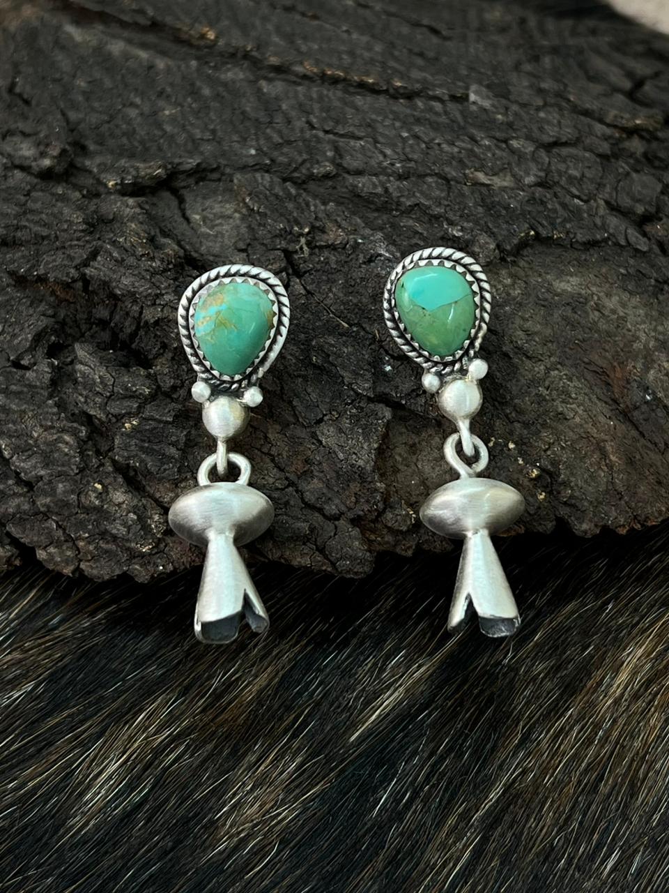 Handmade Sterling Silver Kingman Turquoise Blossom Dangle Earrings "Signed Nizhoni"